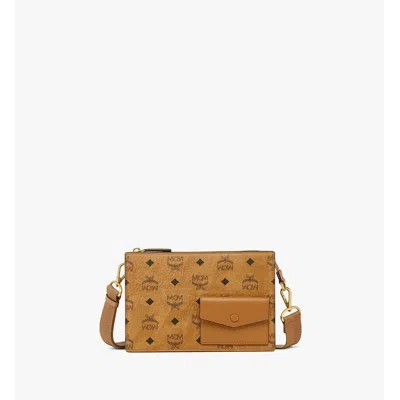 Mcm Small Aren Standing Crossbody Pouch In Visetos In Brown