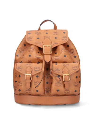 Mcm Small Brown Visetos Backpack With Leather Accents