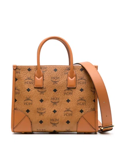 Mcm Small München Visetos-print Tote Bag In Brown