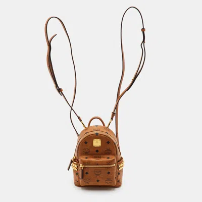 Pre-owned Mcm Stark Bebe Boo Side Studs X-mini Cognac Visetos Coated Canvas And Leather Backpack In Brown