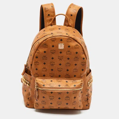Pre-owned Mcm Stark Large Cognac Visetos Coated Canvas Backpack In Brown