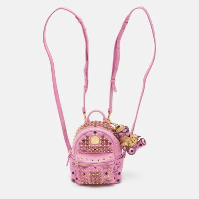 Pre-owned Mcm Stark Mini Pink Visetos Coated Canvas And Leather Studded Embellished Backpack