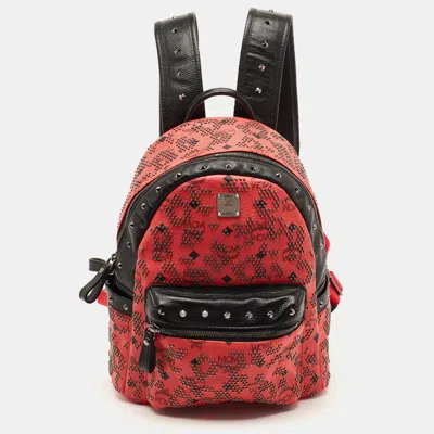 Pre-owned Mcm Stark Red Stud Embellished Coated Canvas And Leather Backpack