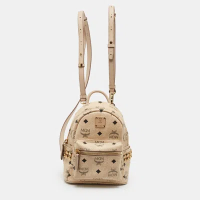 Pre-owned Mcm Stark Side Studs Mini Beige Visetos Coated Canvas Backpack In Sand