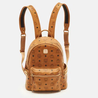 Pre-owned Mcm Stark Studded Small Cognac Visetos Coated Canvas Backpack In Tan