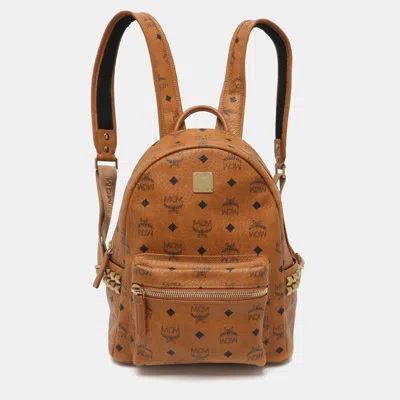 Pre-owned Mcm Stark Studded Small Tan Visetos Coated Canvas Backpack In Brown