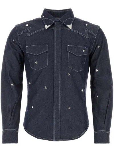 Mcm Contrasting Trimmings Studded Denim Shirt In Blue
