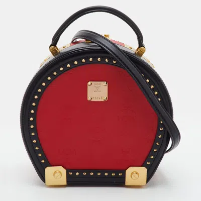 Pre-owned Mcm Studded Berlin Red/black Visetos Coated Canvas And Leather Top Handle Bag