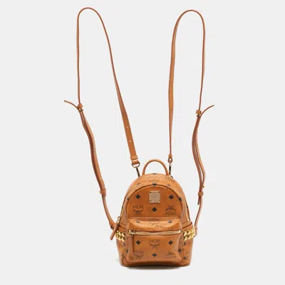 Pre-owned Mcm Studded Stark-bebe Boo Mini Cognac Visetos Coated Canvas And Leather Backpack In Brown