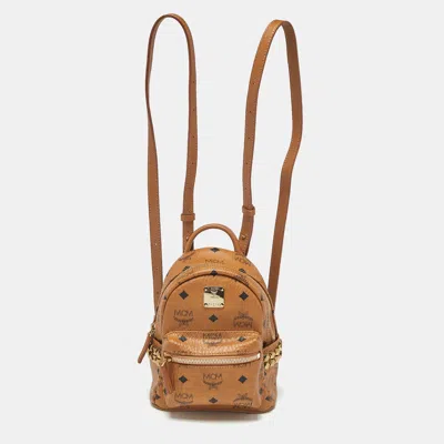 Pre-owned Mcm Studded Stark-bebe Boo Mini Cognac Visetos Coated Canvas And Leather Backpack In Tan