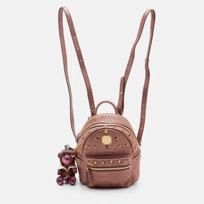 Pre-owned Mcm Studded Stark-bebe Boo Mini Metallic Visetos Leather Backpack In Silver