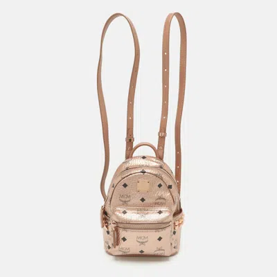 Pre-owned Mcm Studded Stark-bebe Boo Mini Rose Gold Visetos Coated Canvas And Leather Backpack