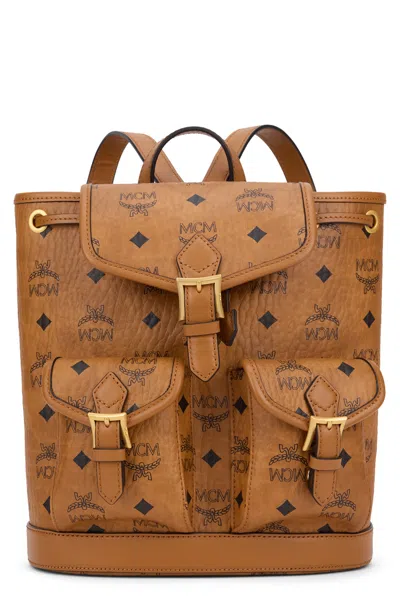 Mcm -style Synthetic Leather Backpack With Buckle Front Pockets And Handles, 22.5 Cm X 24 Cm X 11 Cm In Camel