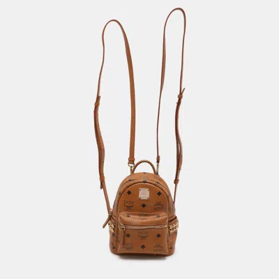 Pre-owned Mcm Tan Cognac Visetos Coated Canvas And Leather Mini Stark Backpack