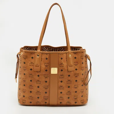 Pre-owned Mcm Tan Visetos Coated Canvas And Fabric Liz Reversible Tote In Brown