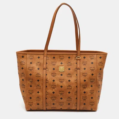 Pre-owned Mcm Toni Tan Visetos Coated Canvas And Leather Shopper Tote