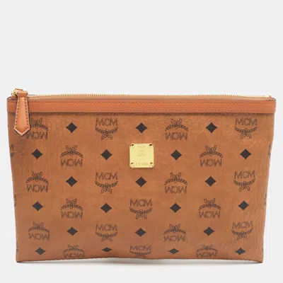 Pre-owned Mcm Top Zip Cognac Visetos Coated Canvas And Leather Flat Pouch In Brown