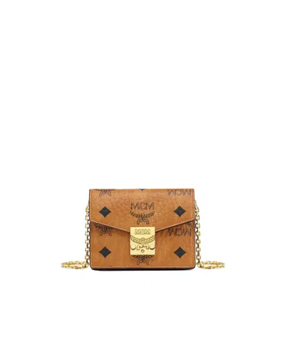 Mcm Tracy Chain Card Wallet In Visetos In Brown