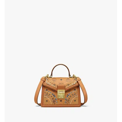 Mcm Tracy Satchel In Crystal Visetos In Brown