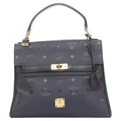 Pre-owned Mcm Vintage Kelly Visetos Monogram Nylon Leather Trimturnlock Top Handle Handbag In Gray