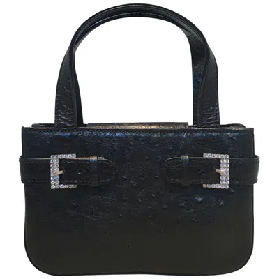 Pre-owned Mcm Vintage Mini Black Ostrich Handbag With Rhinestone Buckles