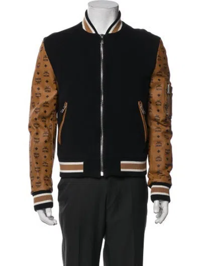 Pre-owned Mcm Virgin Wool Graphic Print Bomber Jacket In Black