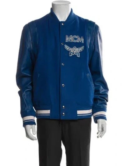 Pre-owned Mcm Virgin Wool Graphic Print Varsity Jacket In Blue