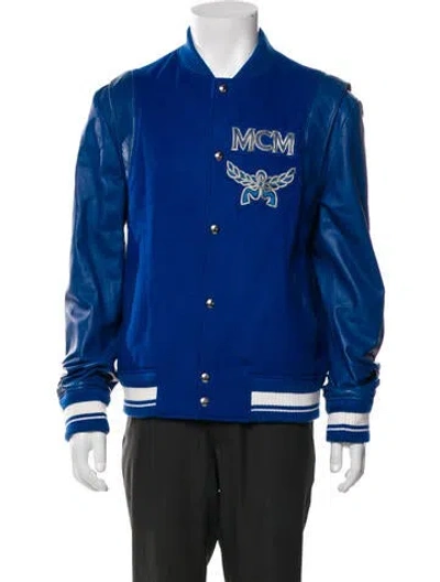 Pre-owned Mcm Virgin Wool Graphic Print Varsity Jacket In Blue