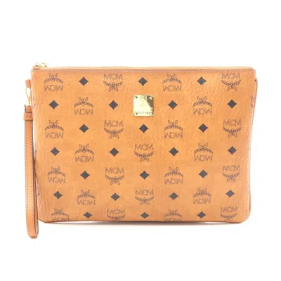 Mcm Visetos Clutch Bag Pvc Coated Canvas Leather In Brown