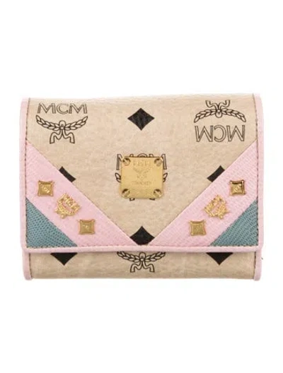 Pre-owned Mcm Visetos Leather Compact Wallet In Neutral