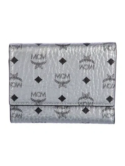 Pre-owned Mcm Visetos Leather Compact Wallet In Silver