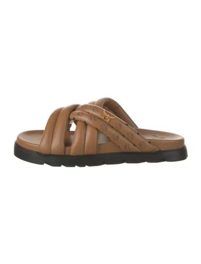 Pre-owned Mcm Visetos Leather Slides W/ Tags In Brown