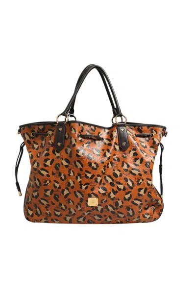 Pre-owned Mcm Visetos Leopard Aren Medium Shopper Women's Tote () In Orange