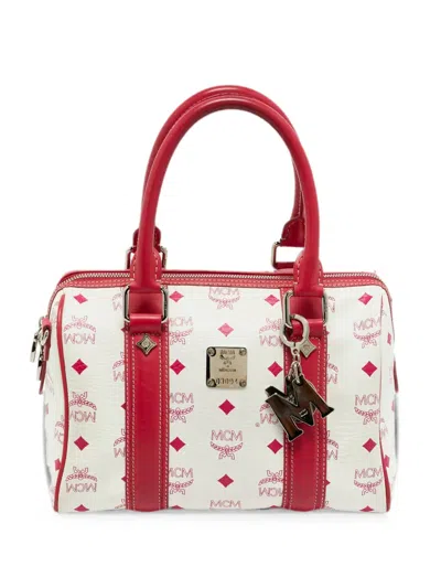 Pre-owned Mcm Visetos Logo Charm Boston Bag In White