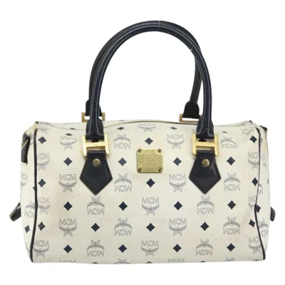 Pre-owned Mcm Visetos Logogramme Handbag Canvas And Leather Canvas Travel Bag Bag () In White