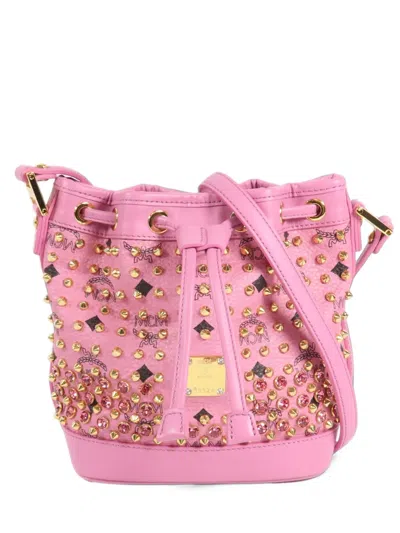 Pre-owned Mcm Visetos Stud-embellished Bucket Bag In Pink