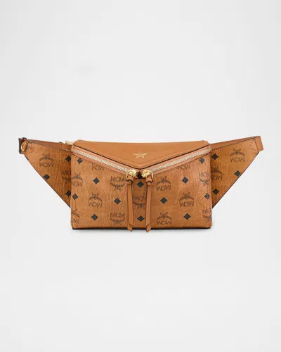 Mcm Visetos Zip Faux Leather Shoulder Bag In Cognac