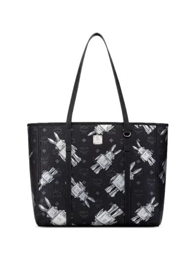 Mcm Visetos-print Rabbit-motif Tote Bag In Black