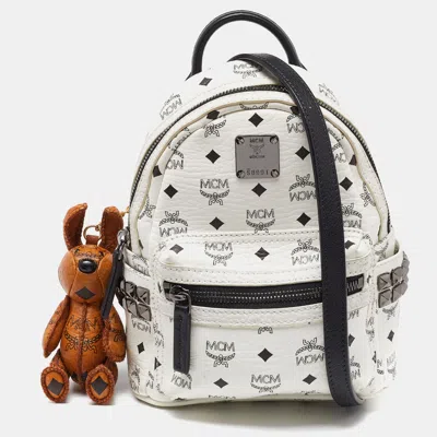 Pre-owned Mcm White/black Visetos Coated Canvas And Leather Mini Studded Stark-bebe Boo Backpack