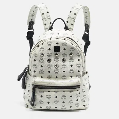 Pre-owned Mcm White/black Visetos Coated Canvas Large Studded Stark Backpack