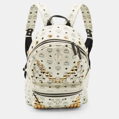 Pre-owned Mcm White/black Visetos Coated Canvas Medium Studded Stark Backpack