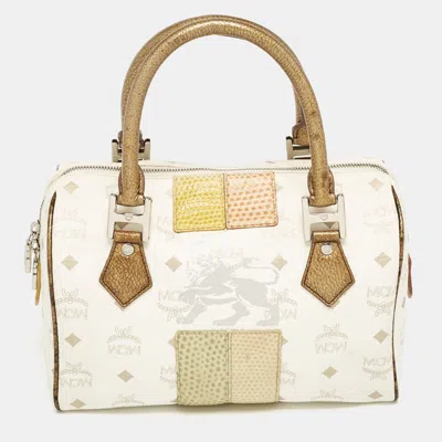 Pre-owned Mcm White/gold Visetos Coated Canvas And Lizard Embossed Leather Princess Lion Boston Bag