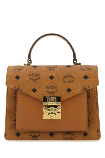 Mcm Woman Printed Canvas Small Satchel Handbag In Brown