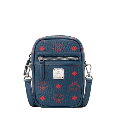Mcm Women's Deep Blue Visetos Red Logo Small Crossbody Bag