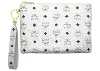 Pre-owned Mcm Women's  Visetos Logo Wristlet Clutch With Pouch In Silver