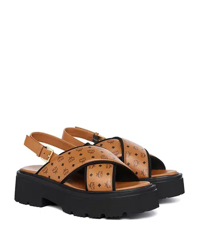 Mcm Monogram Platform Sandals In Lambskin In Brown