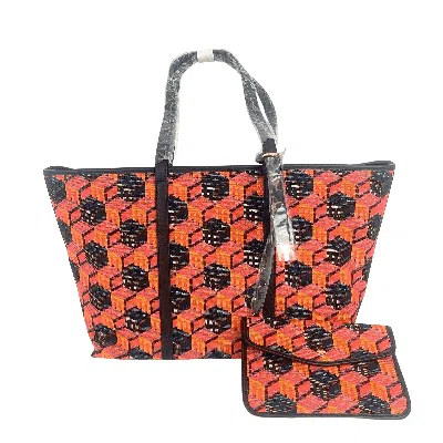 Mcm Women's Orange/red Cubic Logo Jacquard Medium Tote Leather Trim