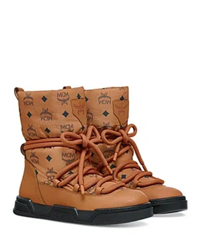 Mcm Skyward Ankle Boots In Padded Monogram Nylon In Cognac