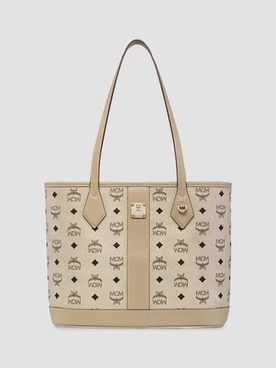 Mcm Women's Small Liz Visetos Canvas Shopper Tote Bag In Beige Black