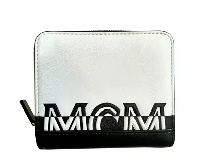 Mcm Women's White Black Contrast Logo Small Zip Wallet In White / Black